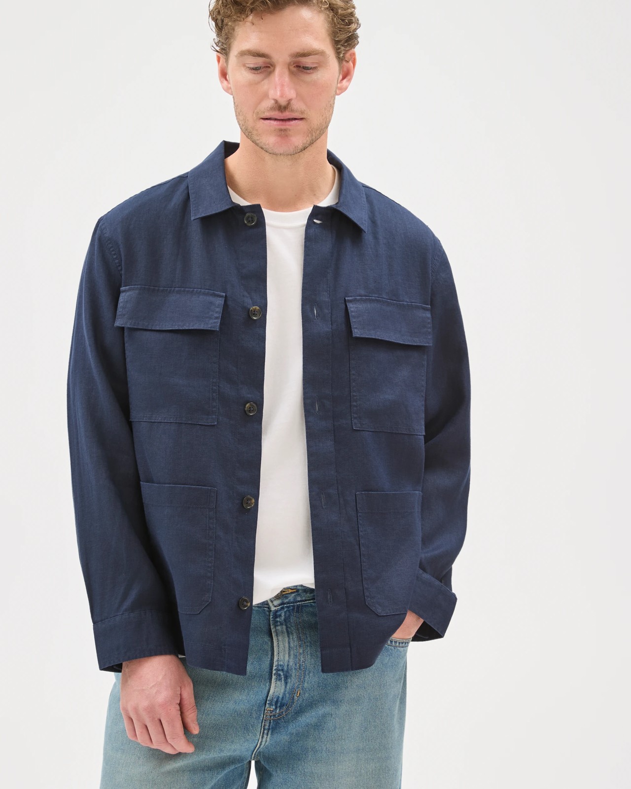 European Linen Long Sleeve Oversized Overshirt - Navy 3 of 6