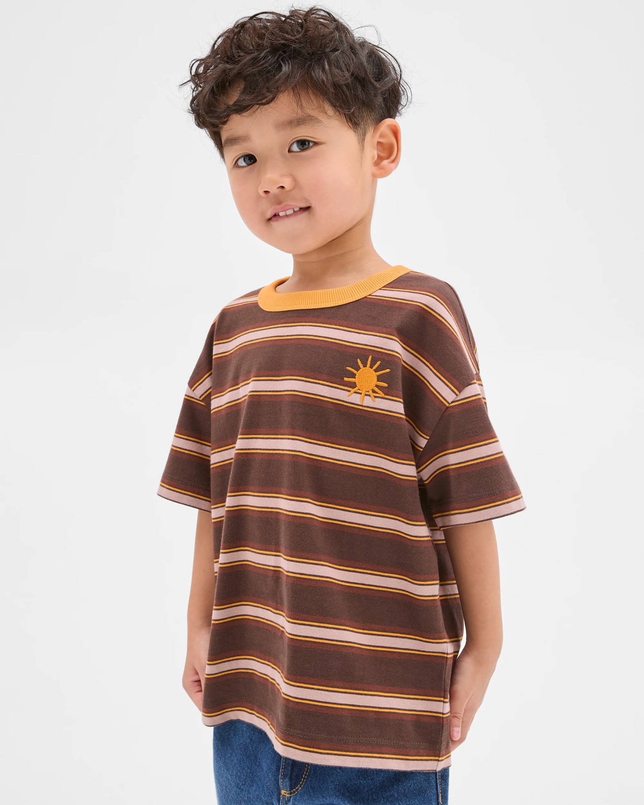 Australian Cotton Oversized Embroidered Stripe T-Shirt - Brown / Orange 2 of 6