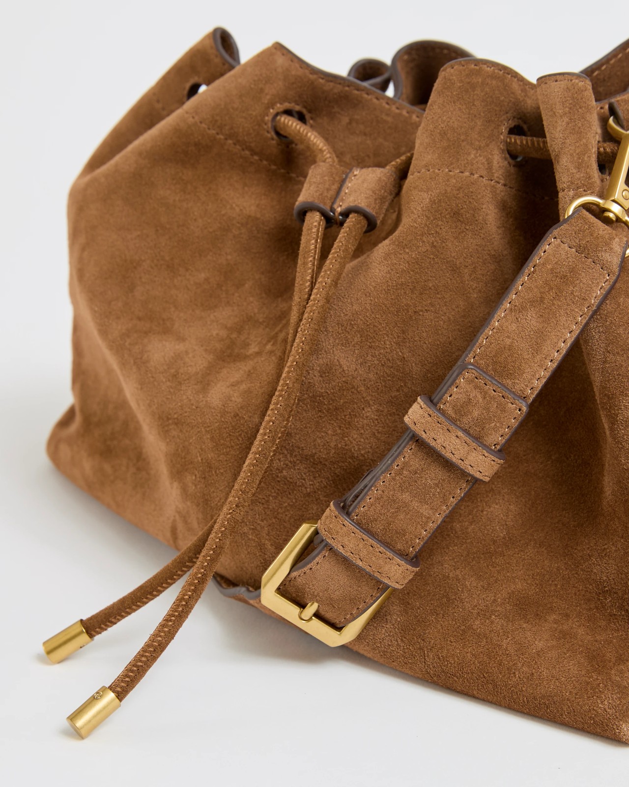 Premium Suede Leather Drawstring Shoulder Bag - Cognac 2 of 3