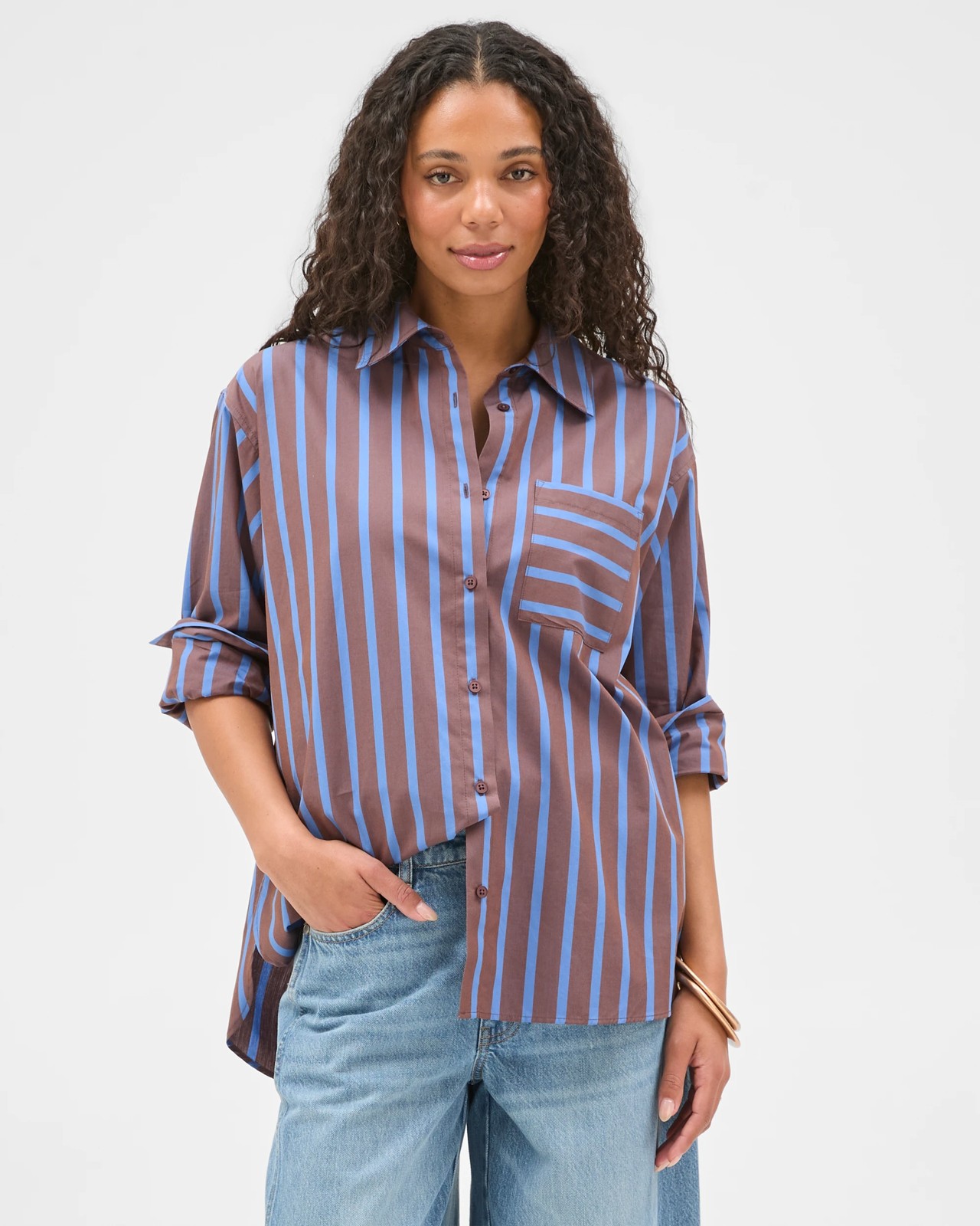 Australian Cotton Spliced Stripe Shirt - Warm Brown Stripe 2 of 6