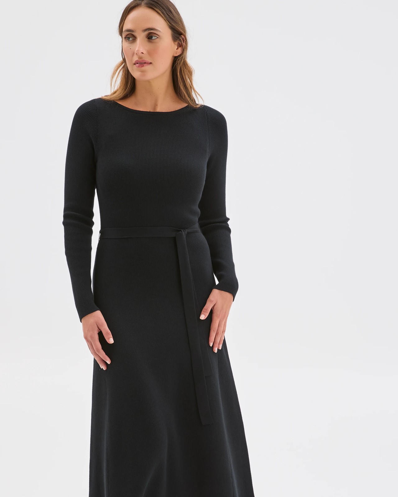 Preview Australian Cotton Blend Long Sleeve Knit Midi Dress - Black 2 of 5