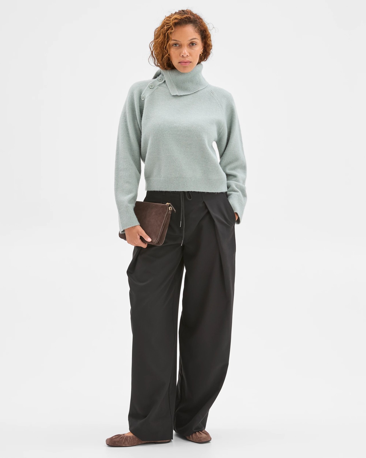 Preview Long Sleeve Asymmetric Fold Over Collar Sweater - Seafoam 5 of 5