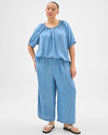 Plus Size Lyocell Crop Chambray Wide Leg Pants