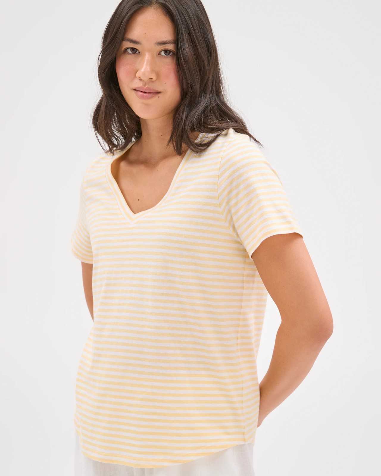 Australian Cotton Slub Relaxed V-Neck T-Shirt - Butter Lemon/White Stripe 4 of 5