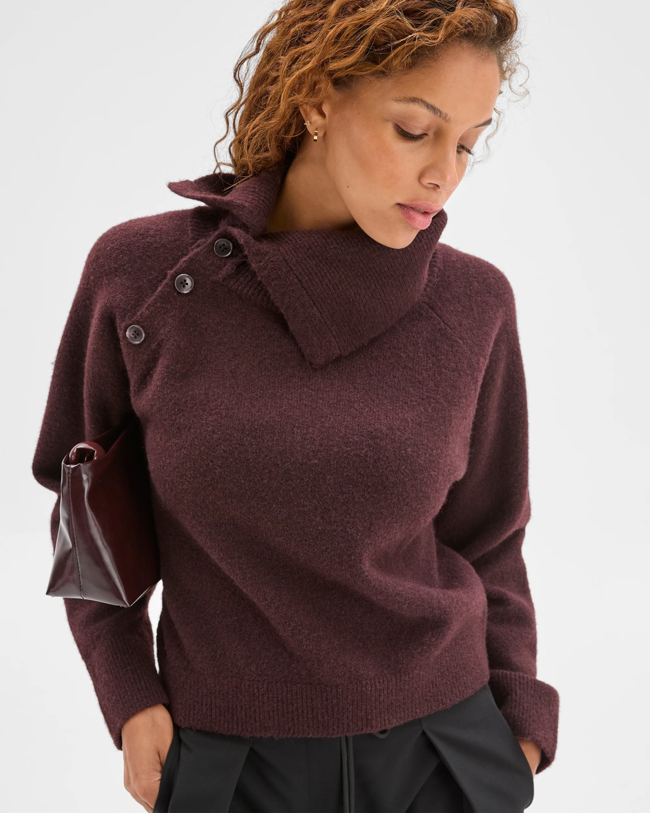 Preview Long Sleeve Asymmetric Fold Over Collar Sweater - Dark Chcocolate 5 of 6