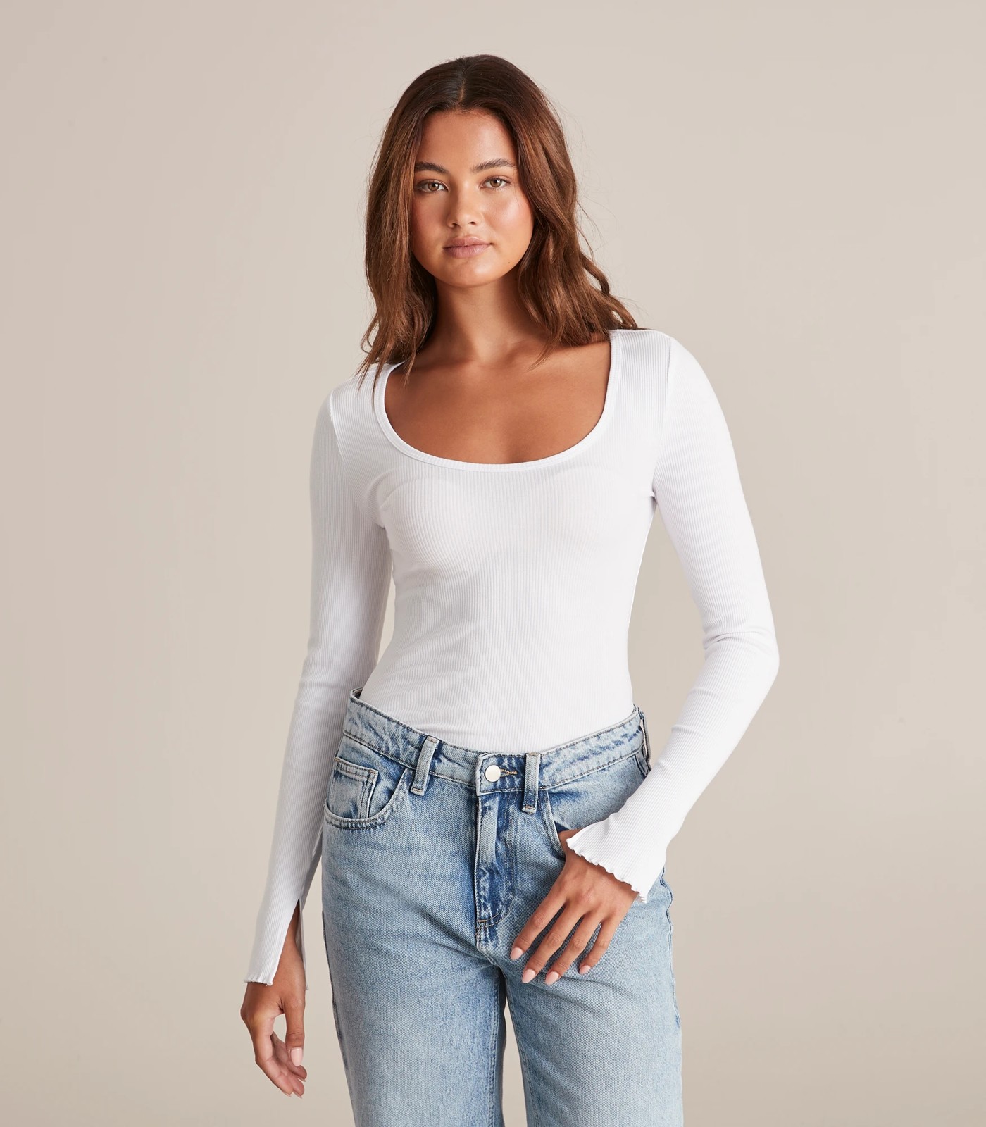 Crew Neck Cotton Rib Long Sleeve Snap Button Bodysuit (Off White)