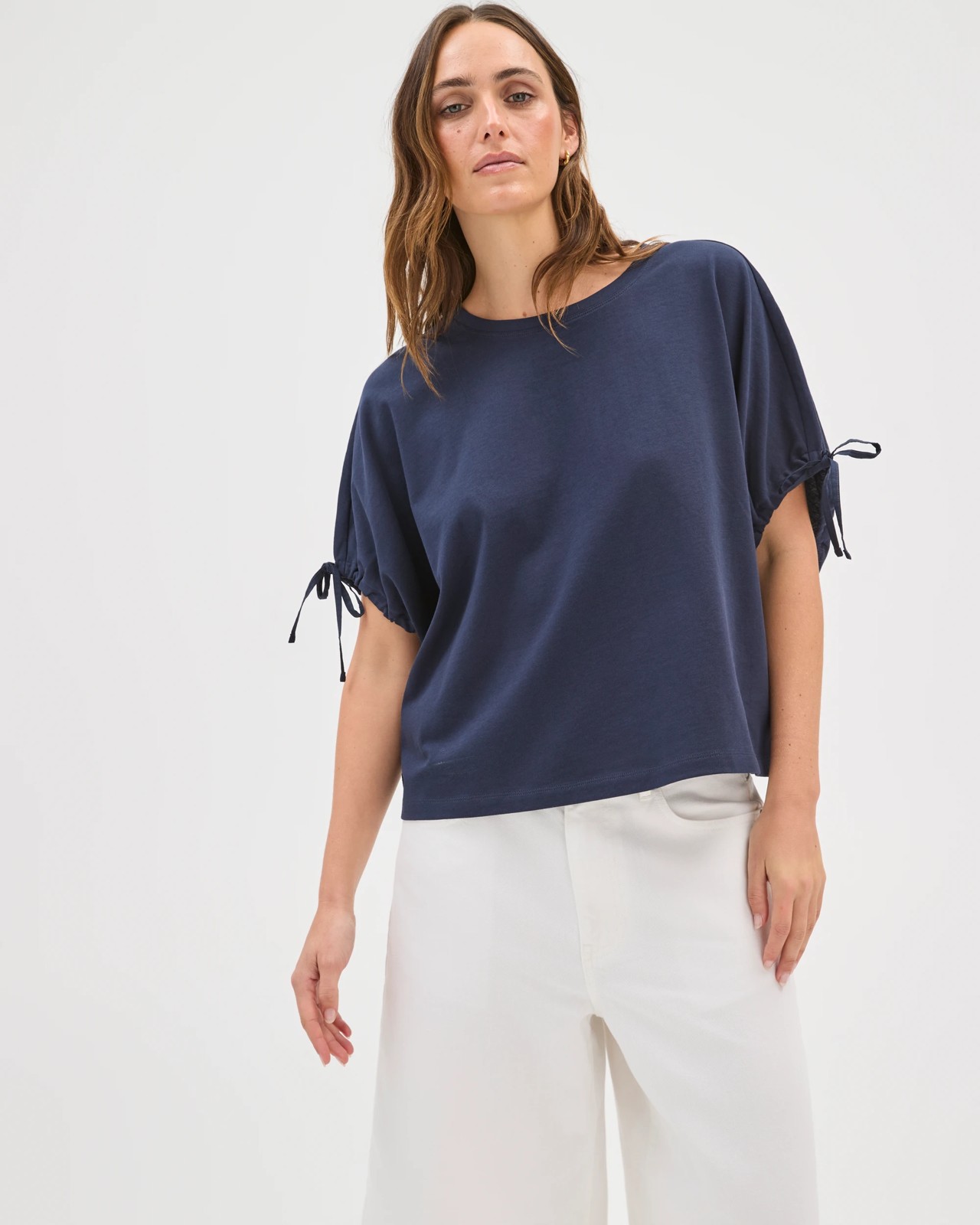 Australian Cotton Gathered Sleeve Cocoon T-Shirt - Navy 3 of 5