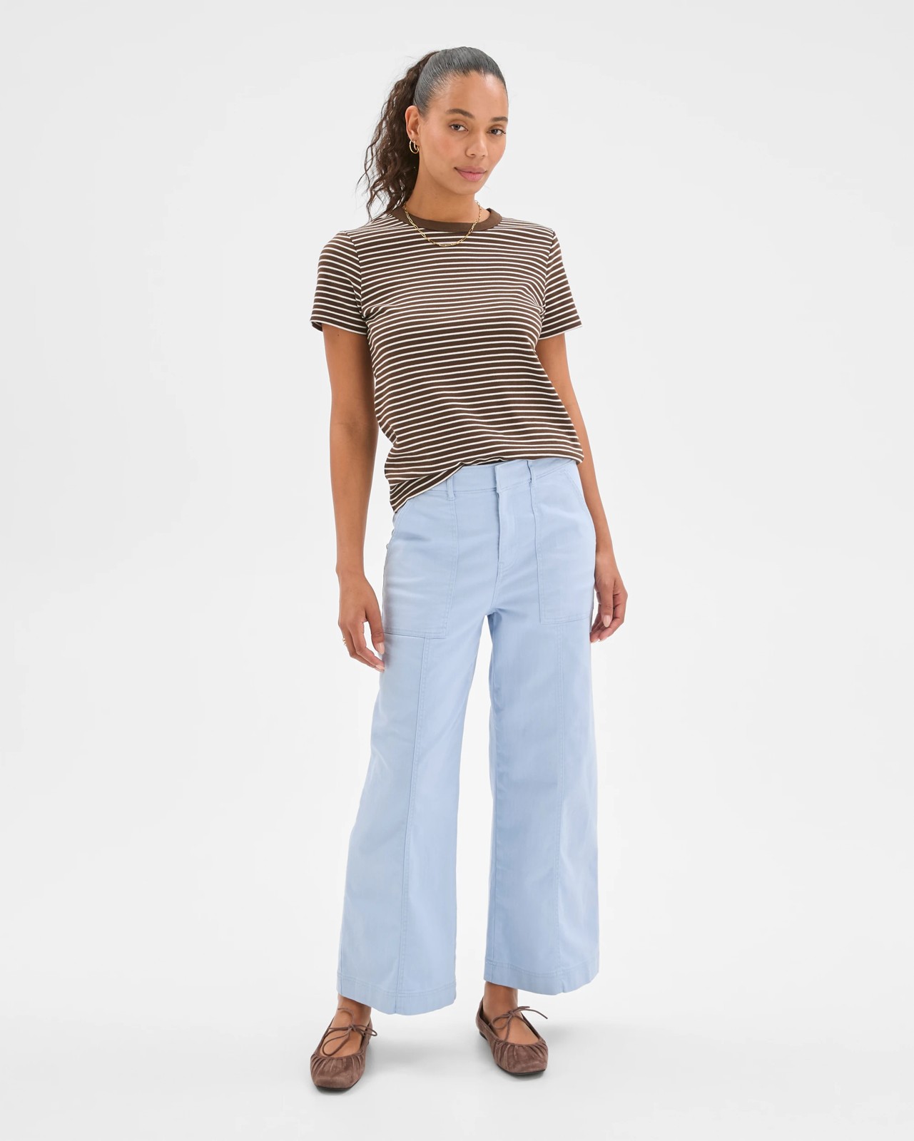 Australian Cotton Blend Stretch Twill Wide Leg Pants - Sky Blue 3 of 6