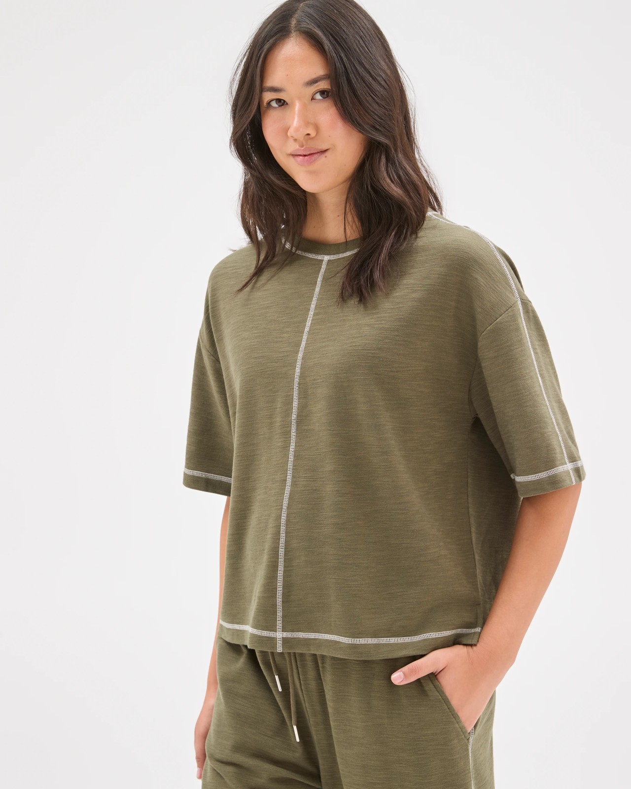 Textured T-Shirt with Contrast Seams - Warm Dust 5 of 5
