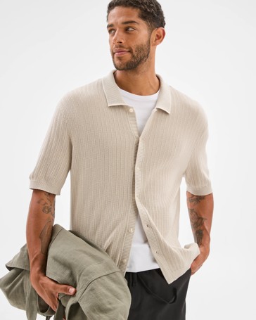 Australian Cotton Textured Stripe Knit Shirt - Preview