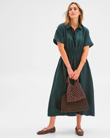 European Linen Shirred Waist Midi Dress