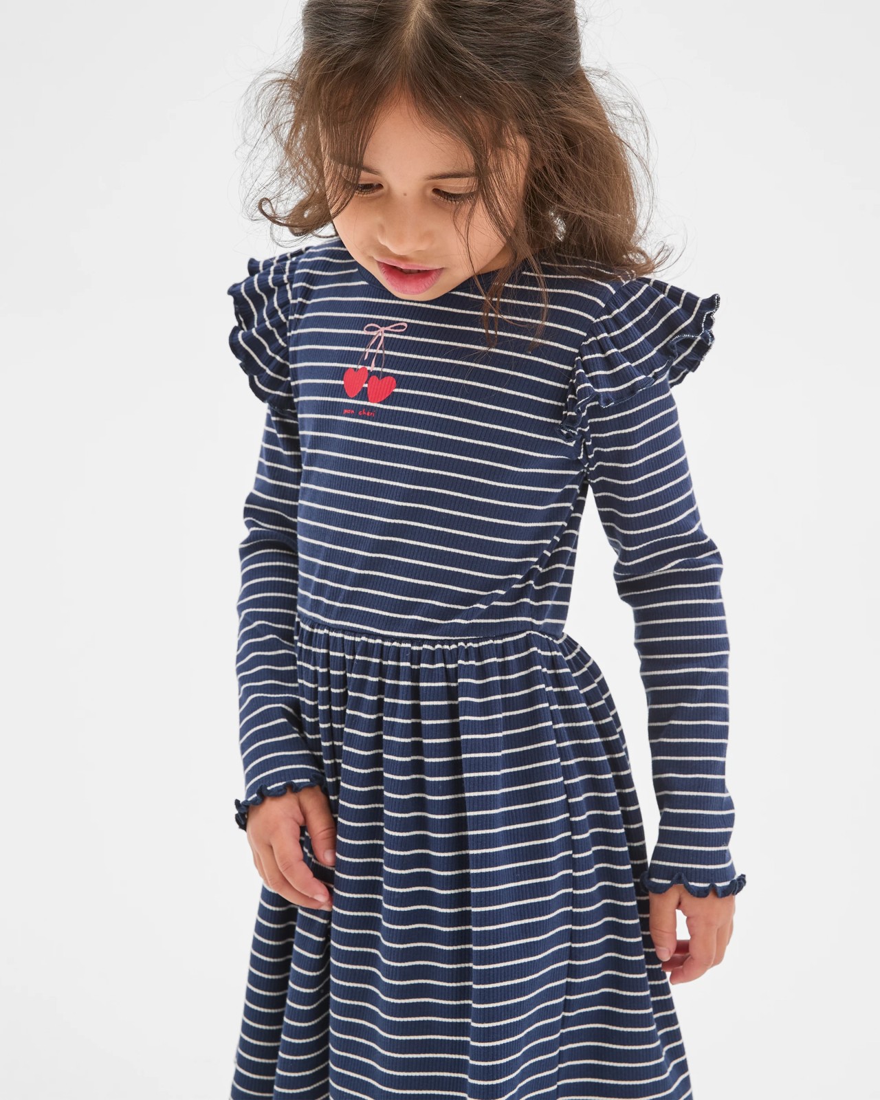 Australian Cotton Long Flutter Sleeve Core Dress -  Navy + White 4 of 6