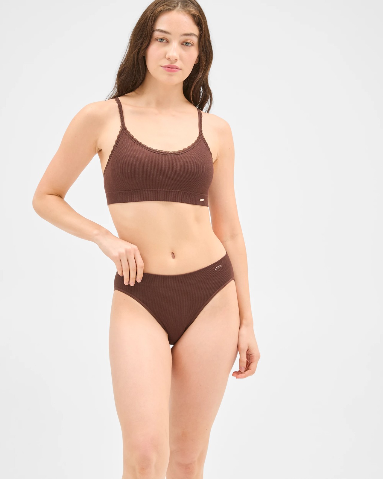 Lily Loves Rib and Lace Seamfree Crop Top - Chocolate 2 of 5