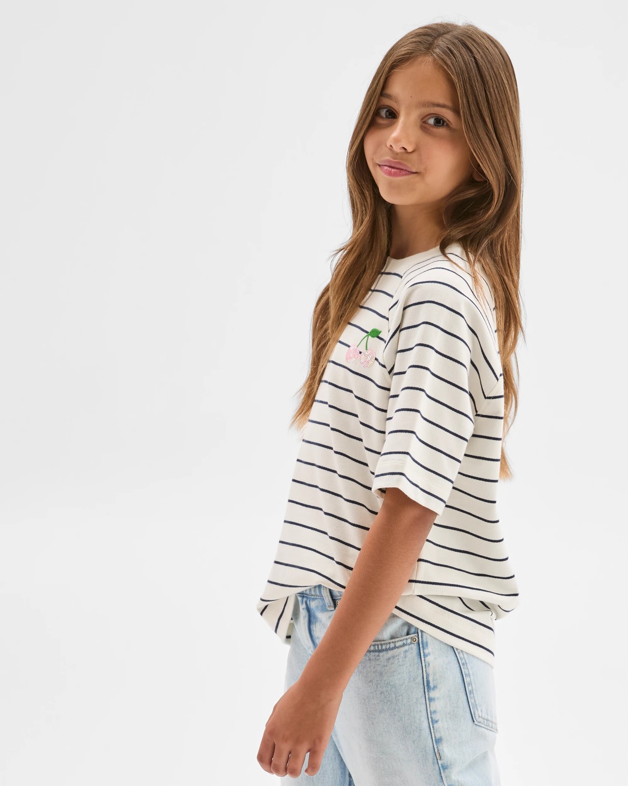 Australian Cotton French Terry T-Shirt - Stripe Cream 3 of 6