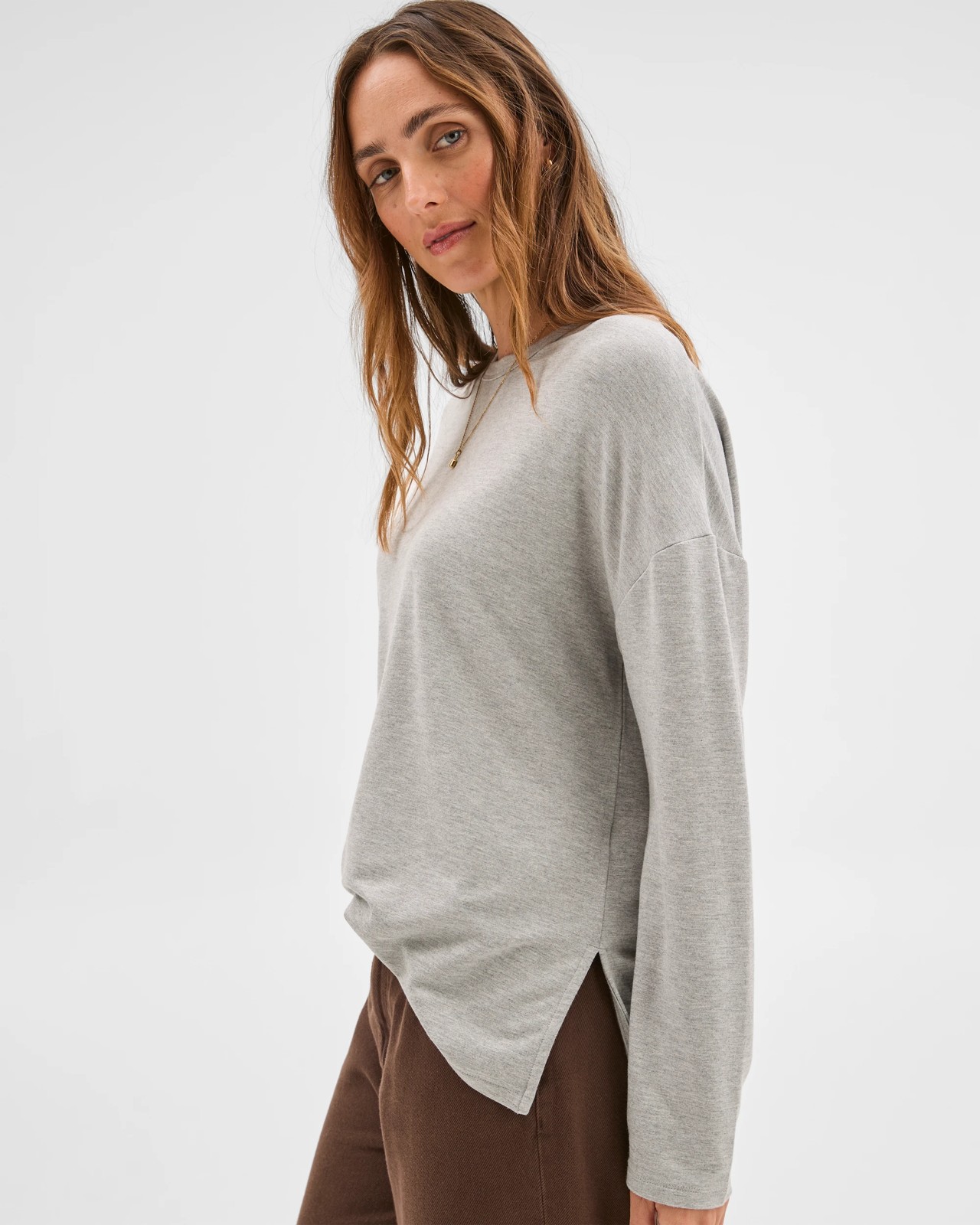 Long Sleeve Drop Shoulder Curved Hem Top - Grey 3 of 5
