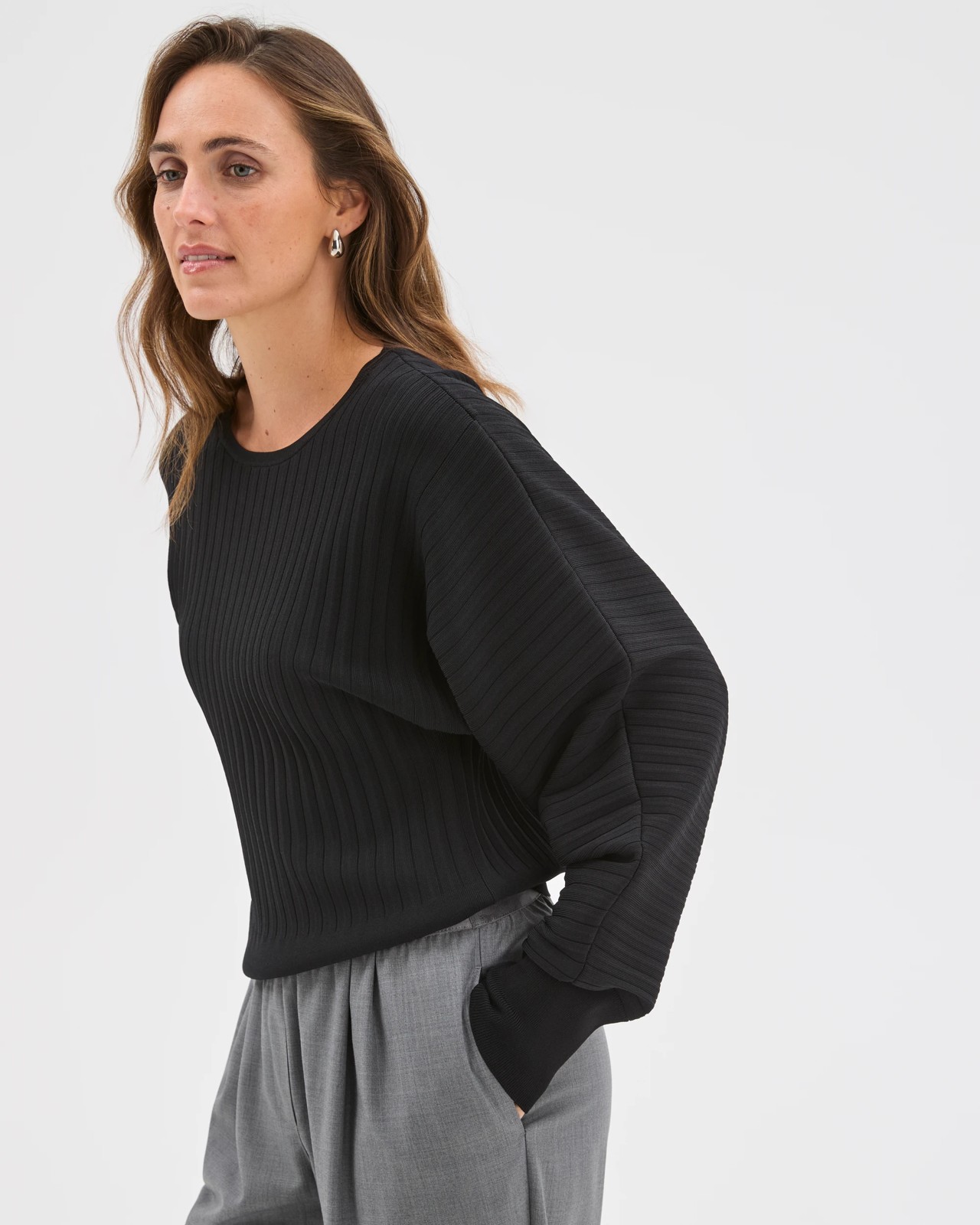 Preview Long Dolman Sleeve Crepe Knit Jumper - Black 3 of 6