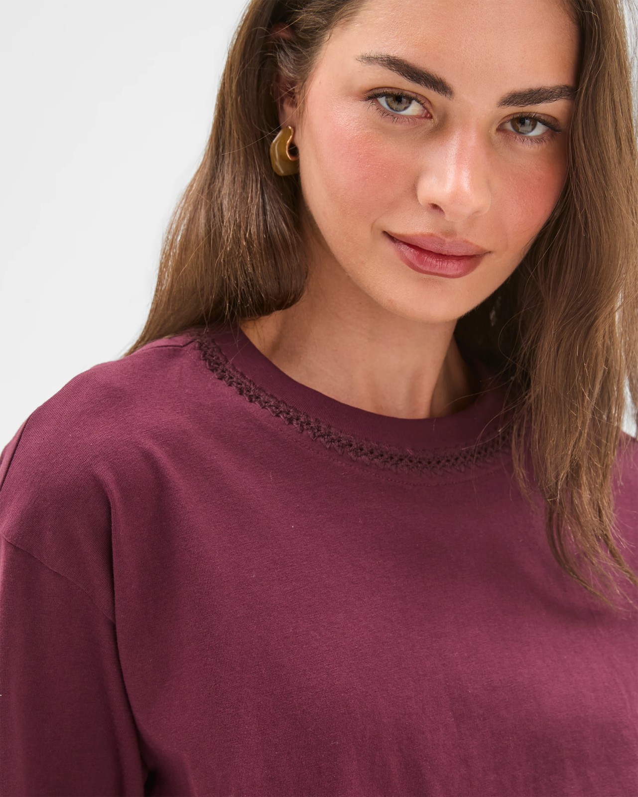 Petites Australian Cotton Stitch Detail T-Shirt - Merlot Brown 3 of 6