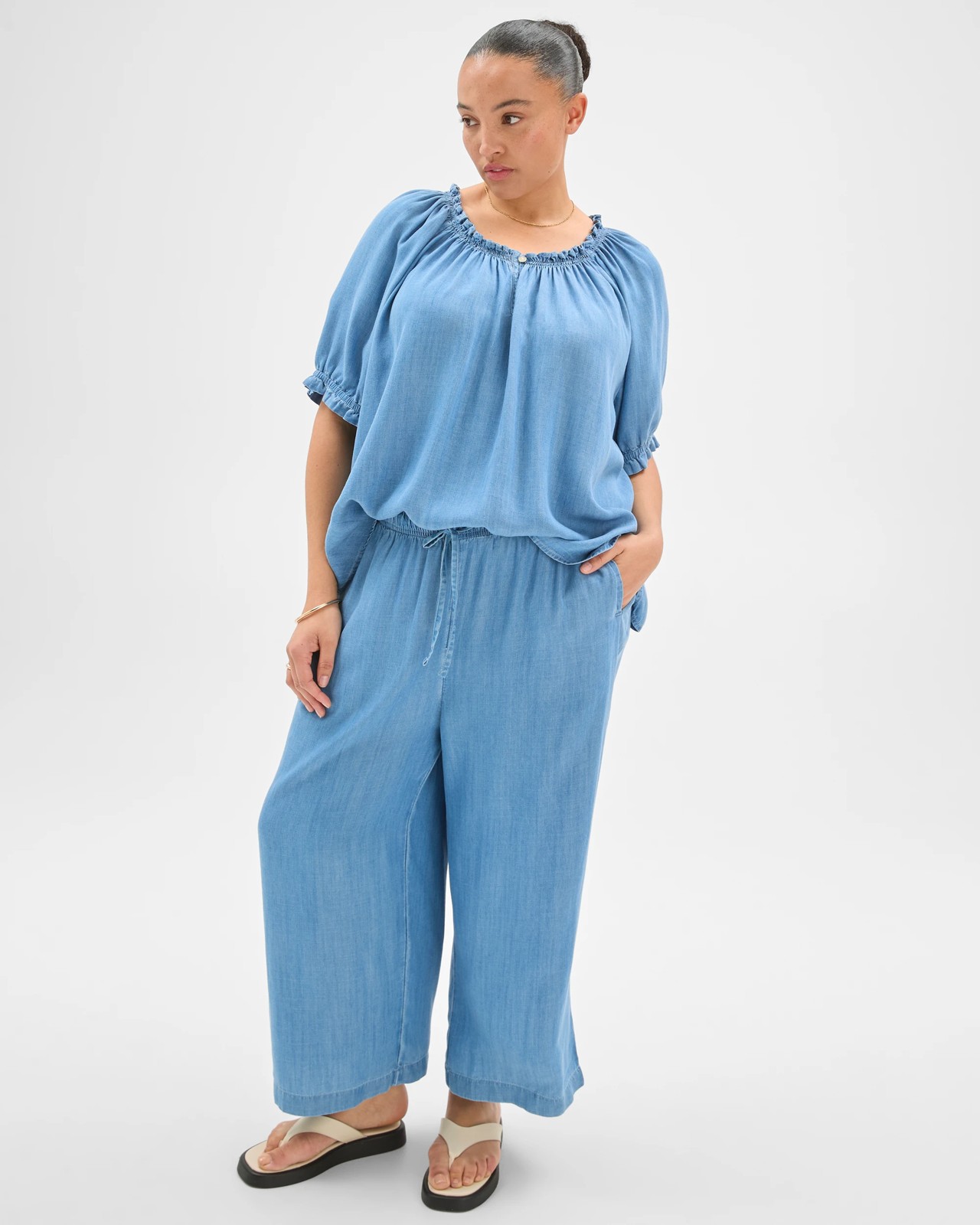 Plus Size Lyocell Crop Chambray Wide Leg Pants 5 of 5