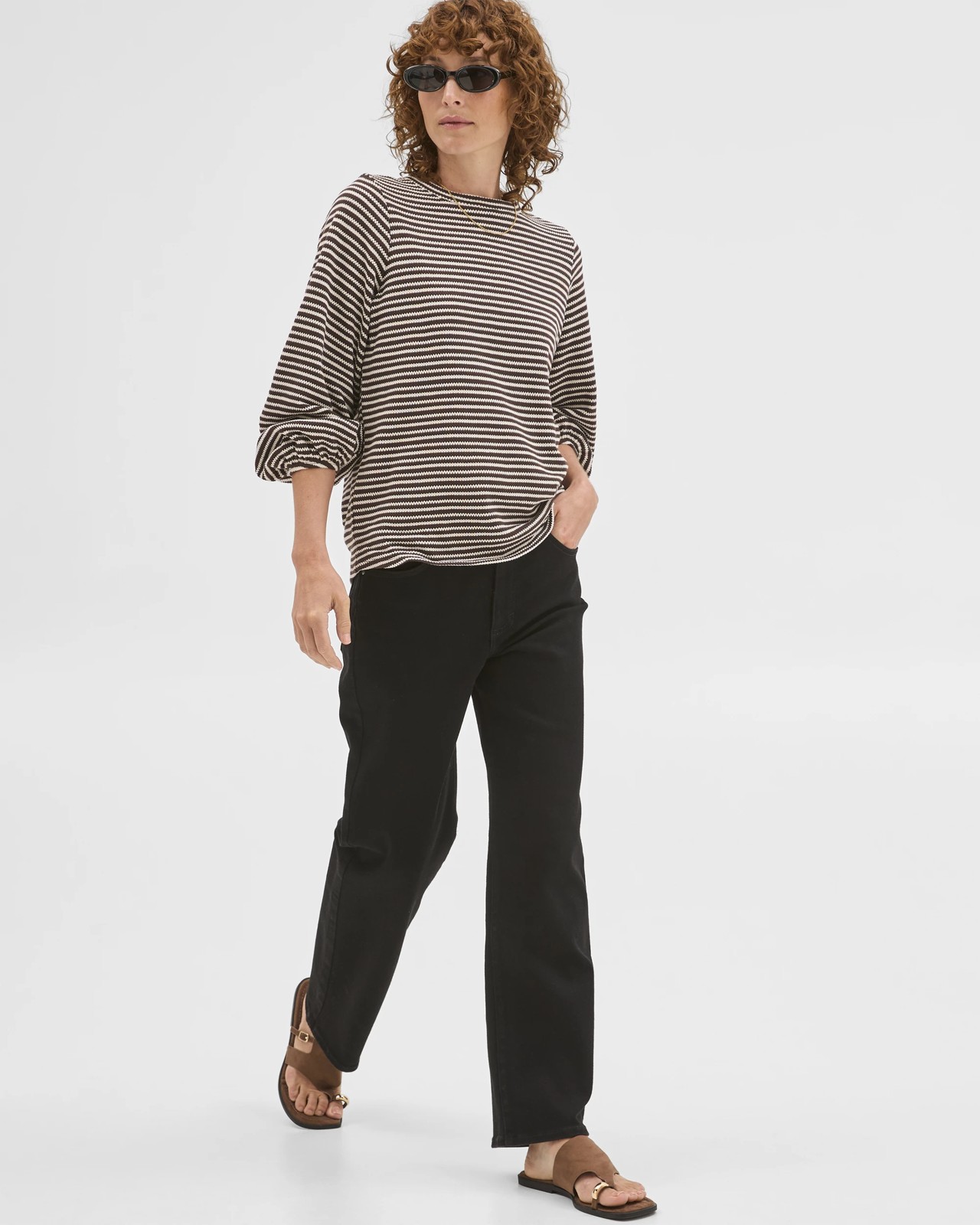 Australian Cotton Long Sleeve Textured Top - Brunette/Cloud Dancer Stripe 2 of 6