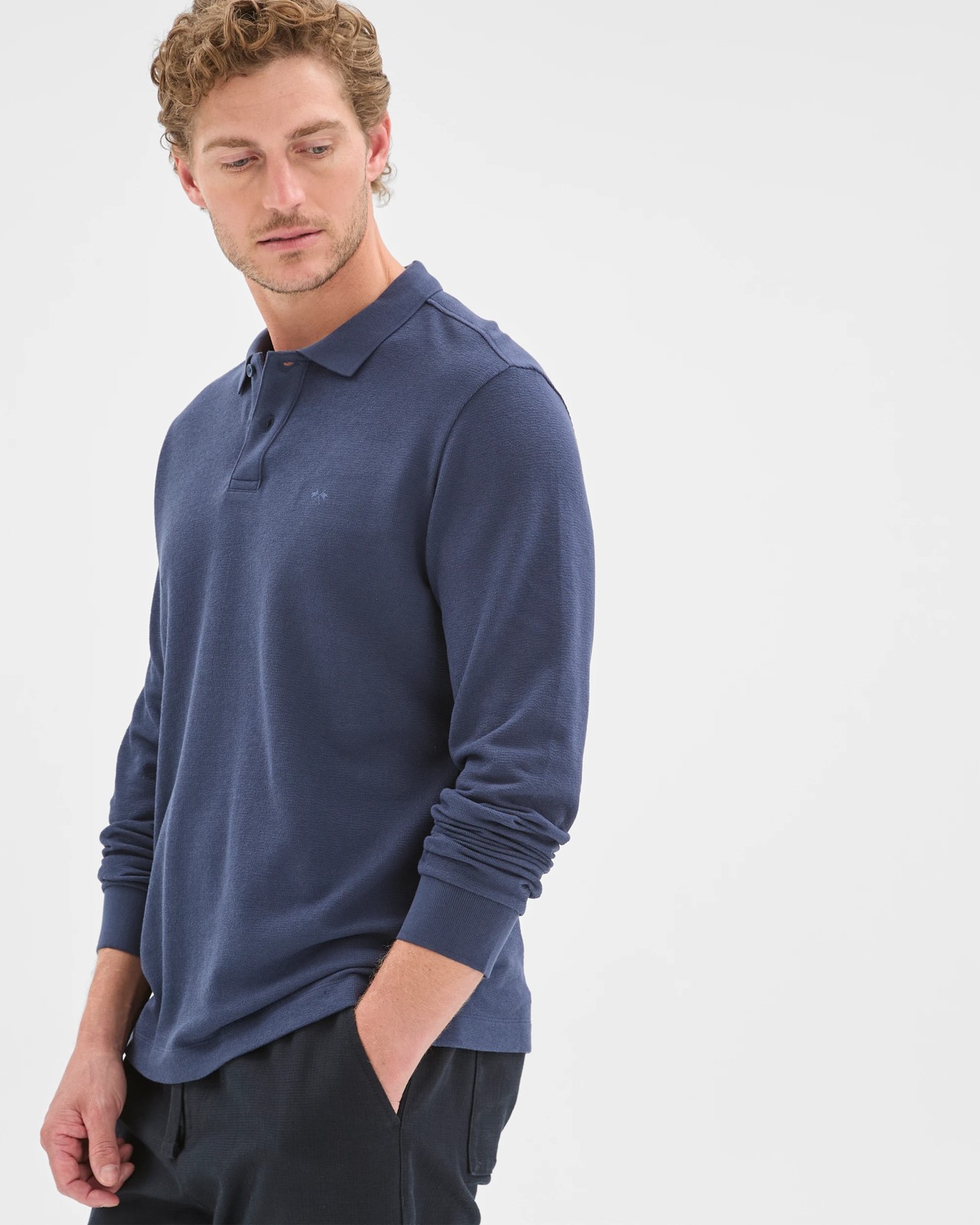 Australian Cotton Blend Boucle Polo Top - Navy 2 of 5