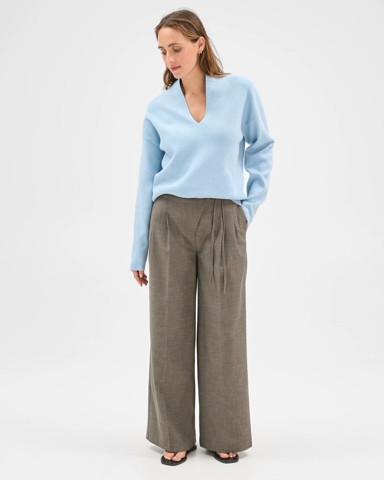 Preview Australian Cotton Blend Long Sleeve Deep V-Neck Jumper - Blue Mist 2 of 6