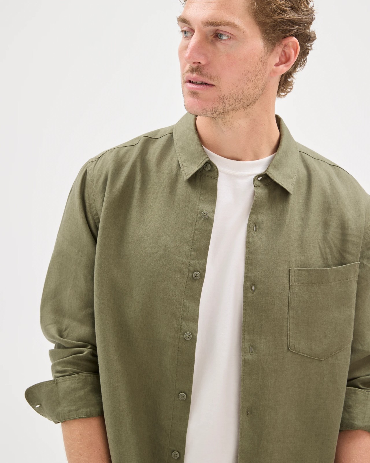 European Linen Long Sleeve Shirt - Olive Green 5 of 6