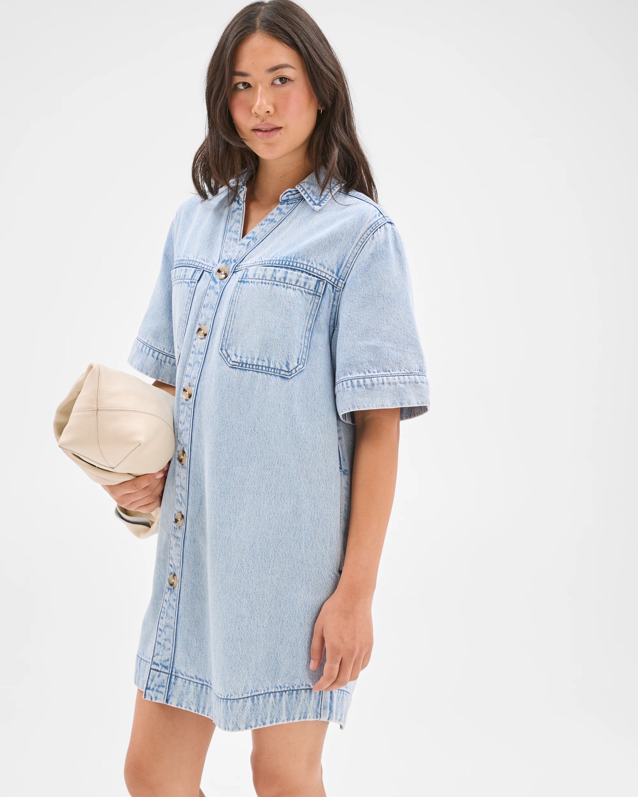 Short Sleeve V-Neck Denim Shirt Dress 5 of 5