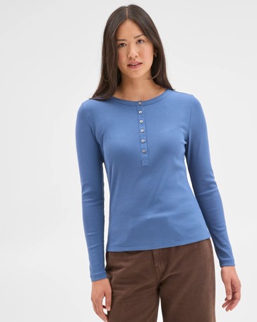 Australian Cotton Long Sleeve Rib Henley T-Shirt