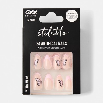 24 Pack Artificial Nails with Adhesive, Stiletto Shape, Butterfly - OXX Cosmetics