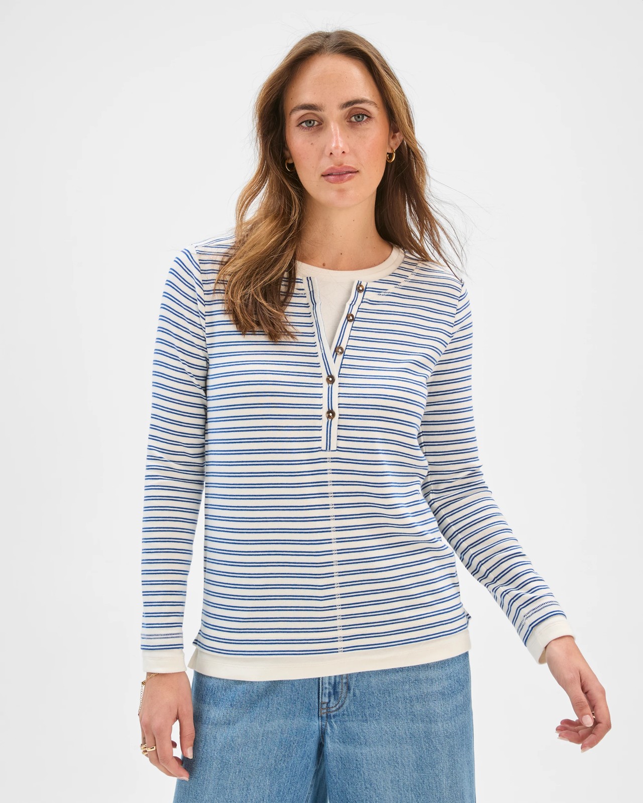 Soft Touch Henley Double Layer T-Shirt - Deep Ocean Stripe 3 of 6