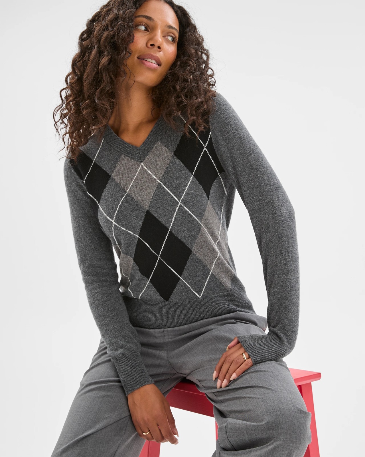 Preview Argyle V-Neck Jumper - Charcoal 4 of 5
