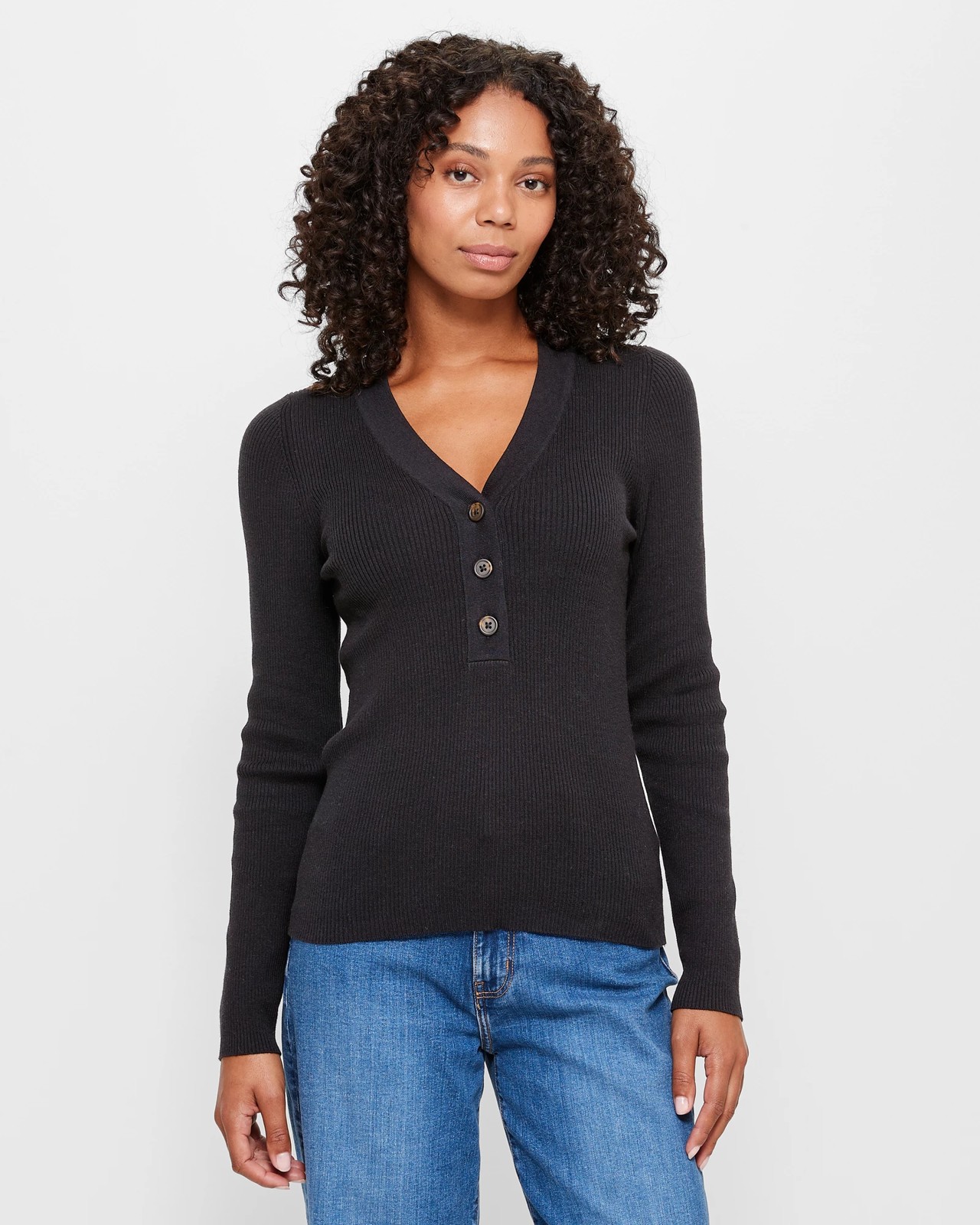 Ribbed Henley top - Black - Ladies