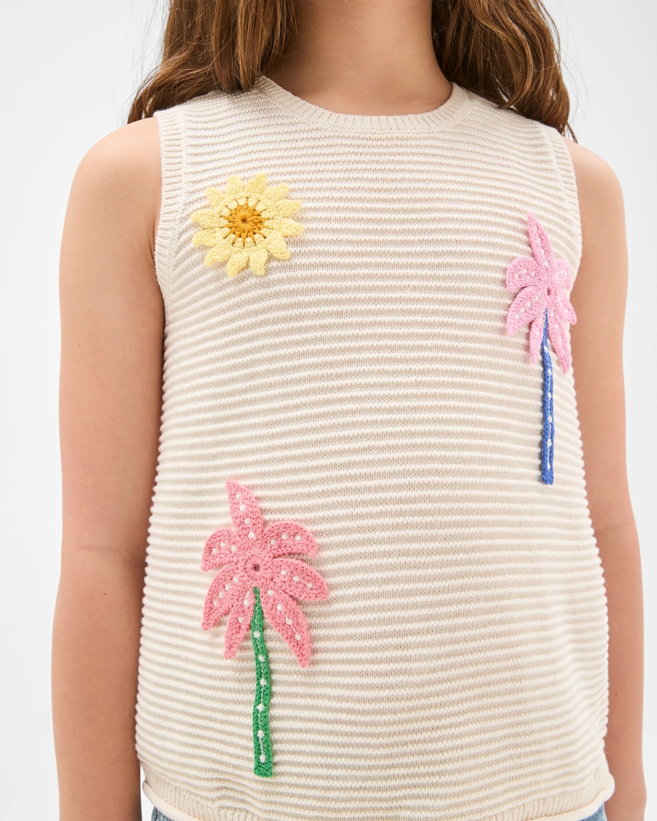 Australian Cotton Crochet Knit Tank Top - Cream Palm 3 of 6