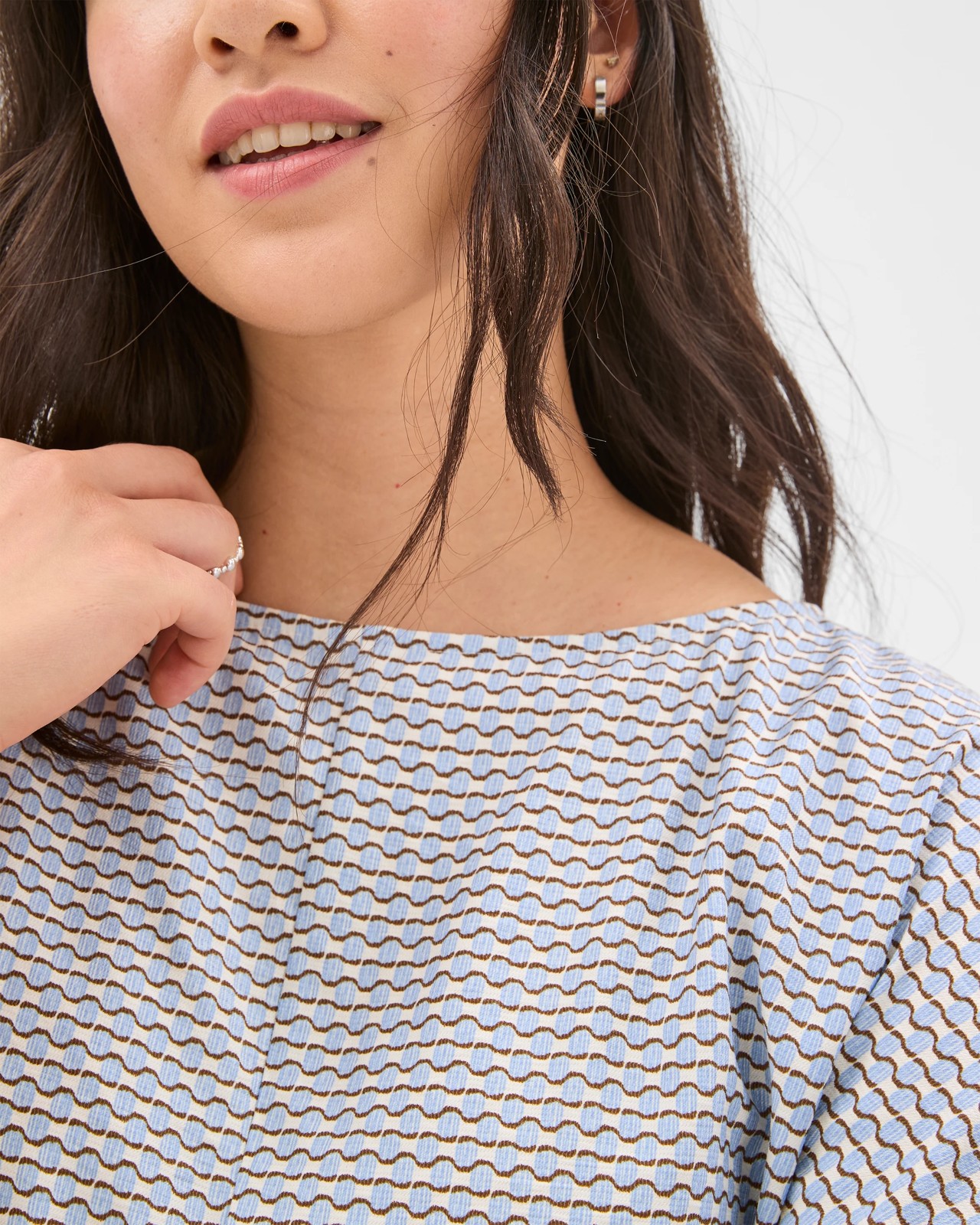 Preview Short Flutter Sleeve Textured Blouse - Blue Mist Micro Geo 5 of 6