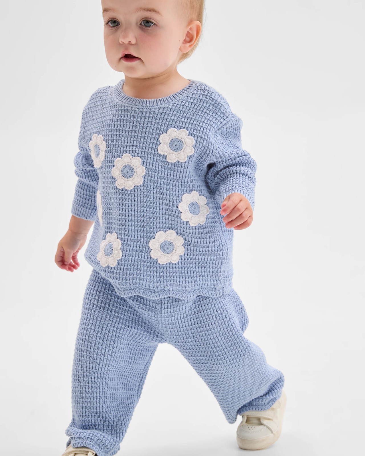 Baby Organic Cotton Knit Top & Pants 2 Piece Set - Flowers Blue 2 of 5