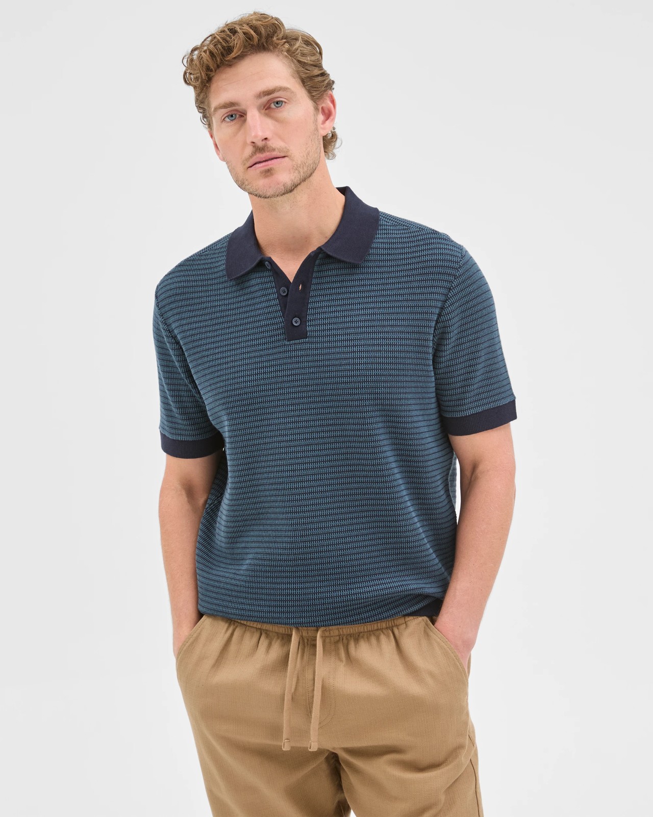 Australian Cotton Tonal Knit Polo Top - Navy 2 of 5