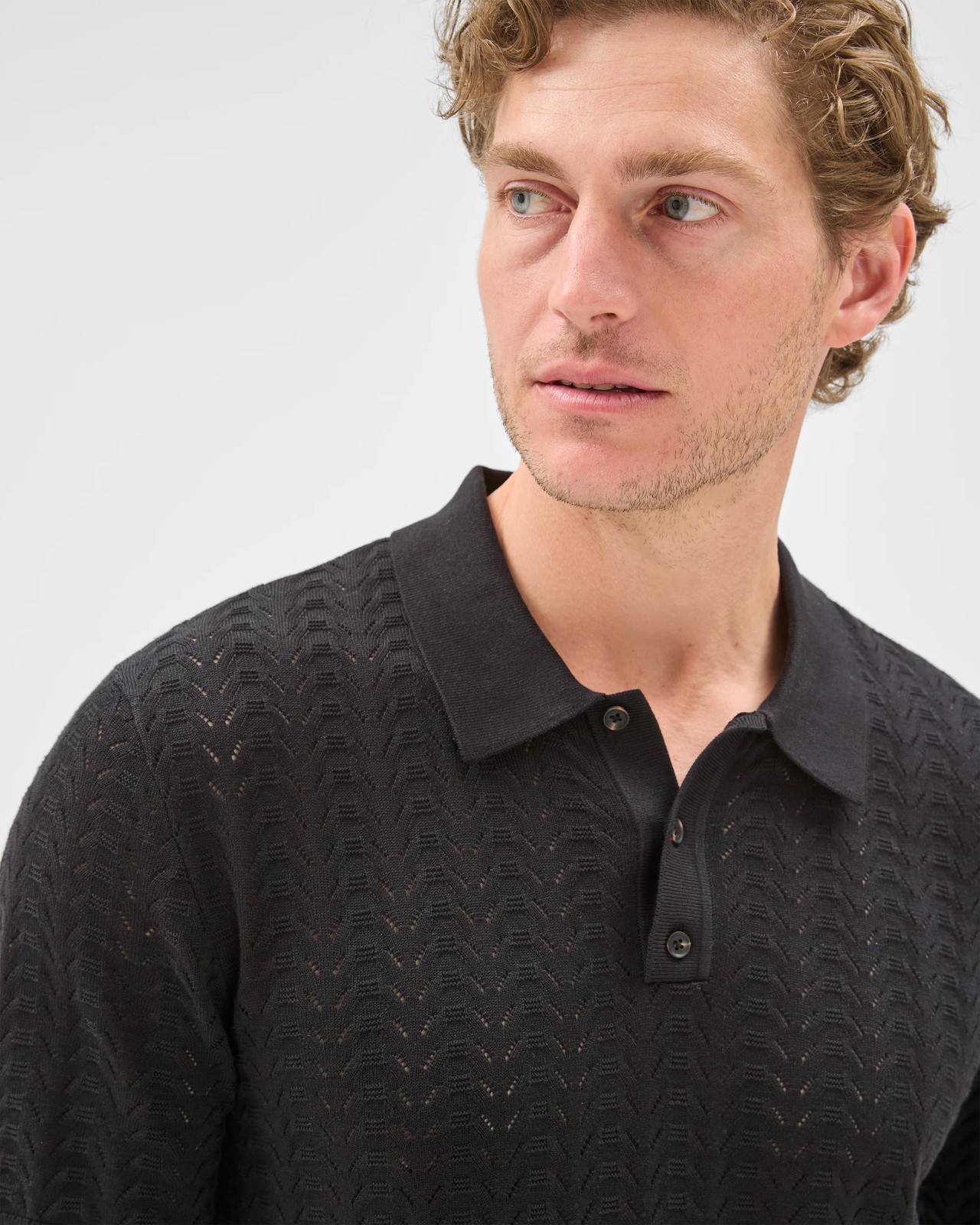 Preview Knitted Textured Polo Top - Black 3 of 6