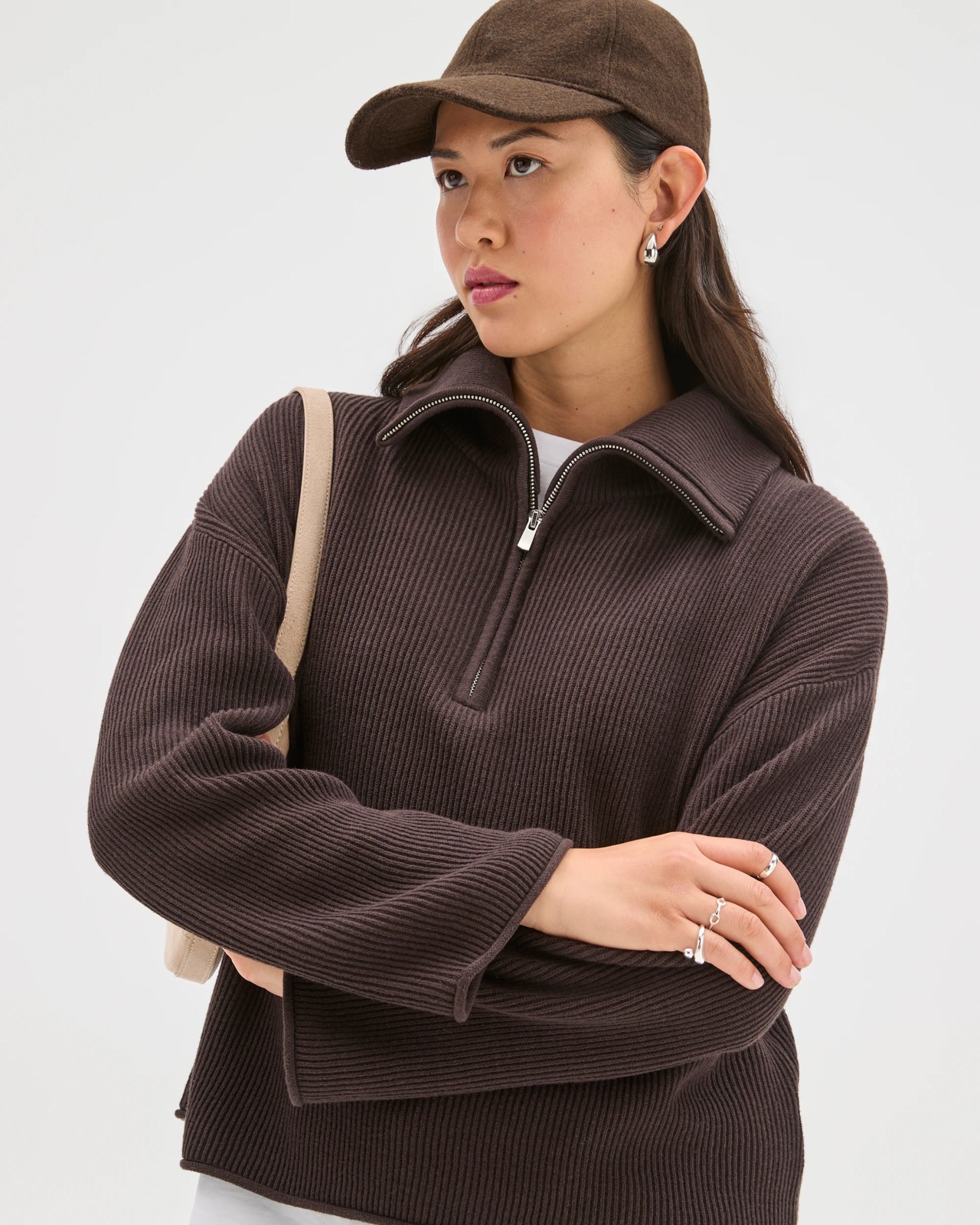 Australian Cotton Blend Zip Collar Sweater - Brunette 4 of 5