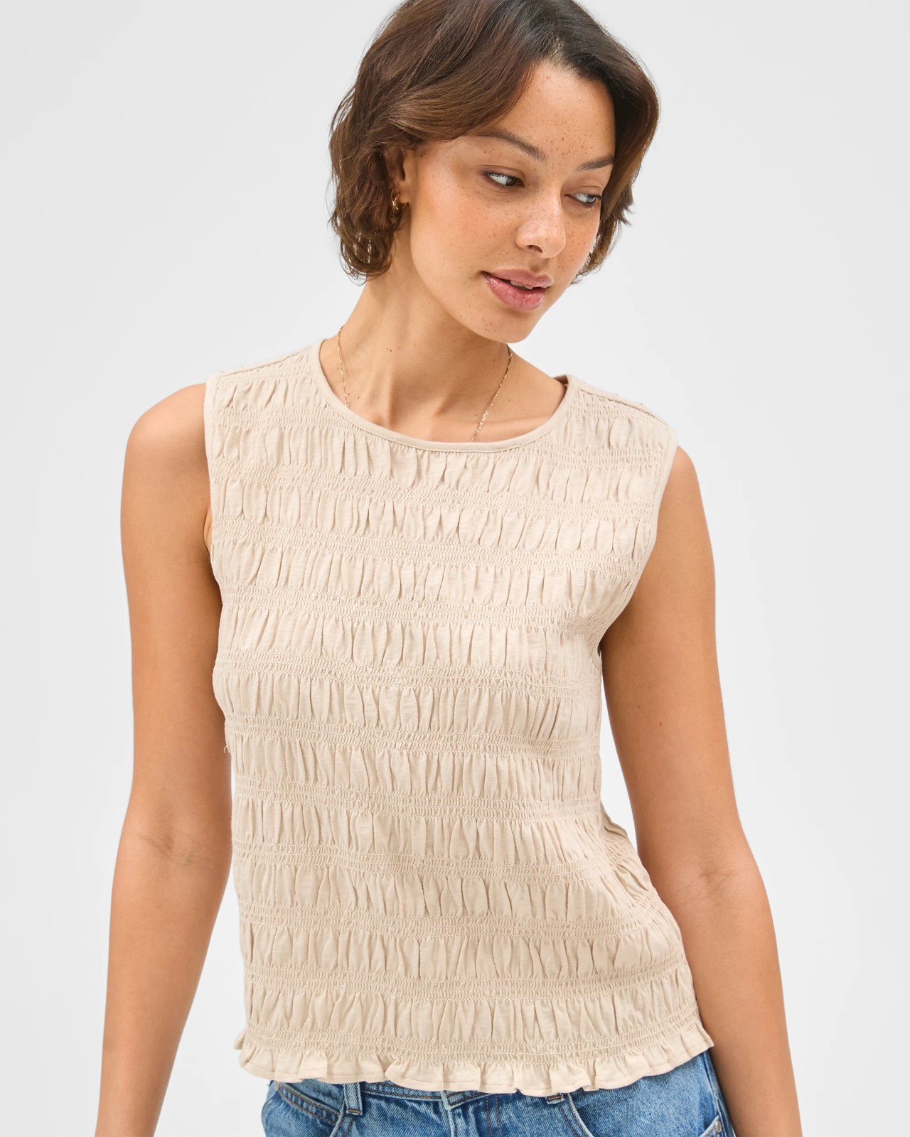 Australian Cotton Sleeveless Shirred Tank Top - Oatmeal marle 4 of 6