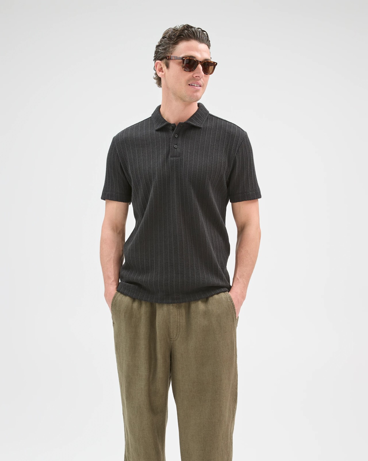 Australian Cotton Blend Pointelle Polo Top - Black 2 of 5