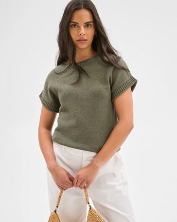 Australian Cotton Blend Boucle Roll Trim Knit Top