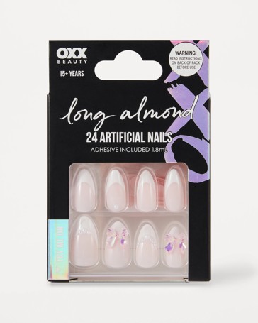OXX Beauty 24 Pack Artificial Nails with Adhesive, Long Almond Shape - French Tip and 3D Bow