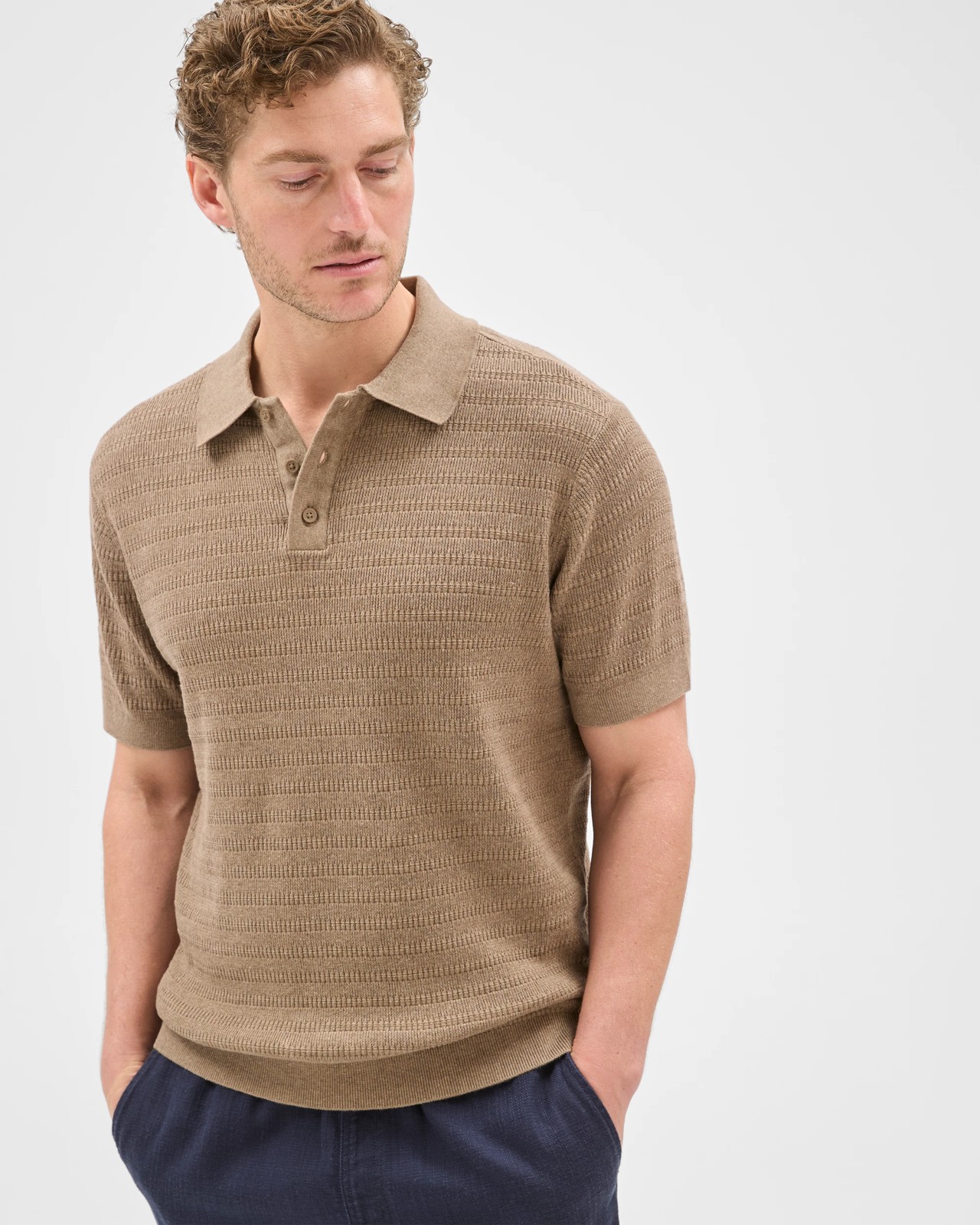 Australian Cotton Patterned Knit Polo Top - Rock Marle 3 of 6