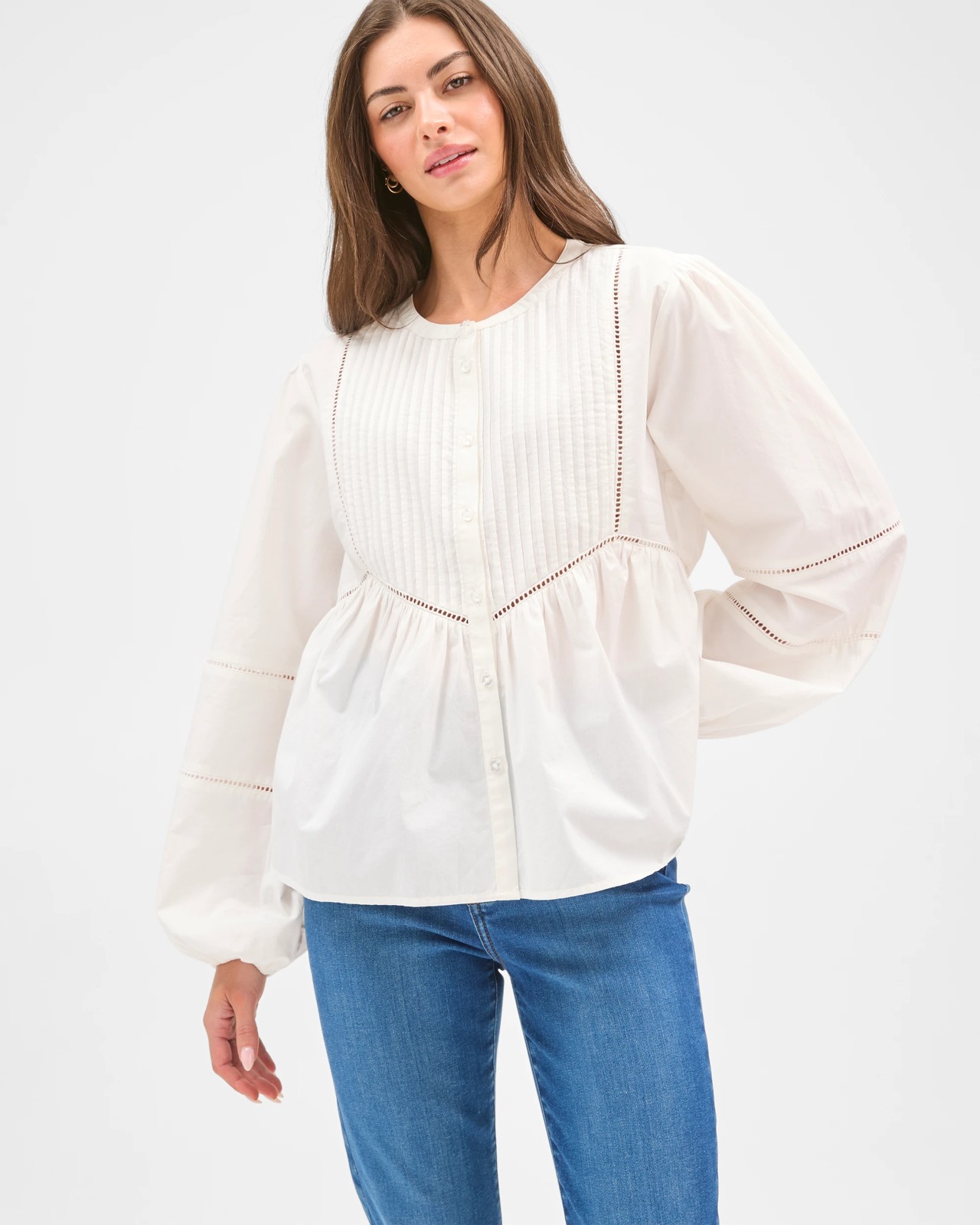 Petites Long Sleeve Trim Detail Pintuck Blouse 3 of 6