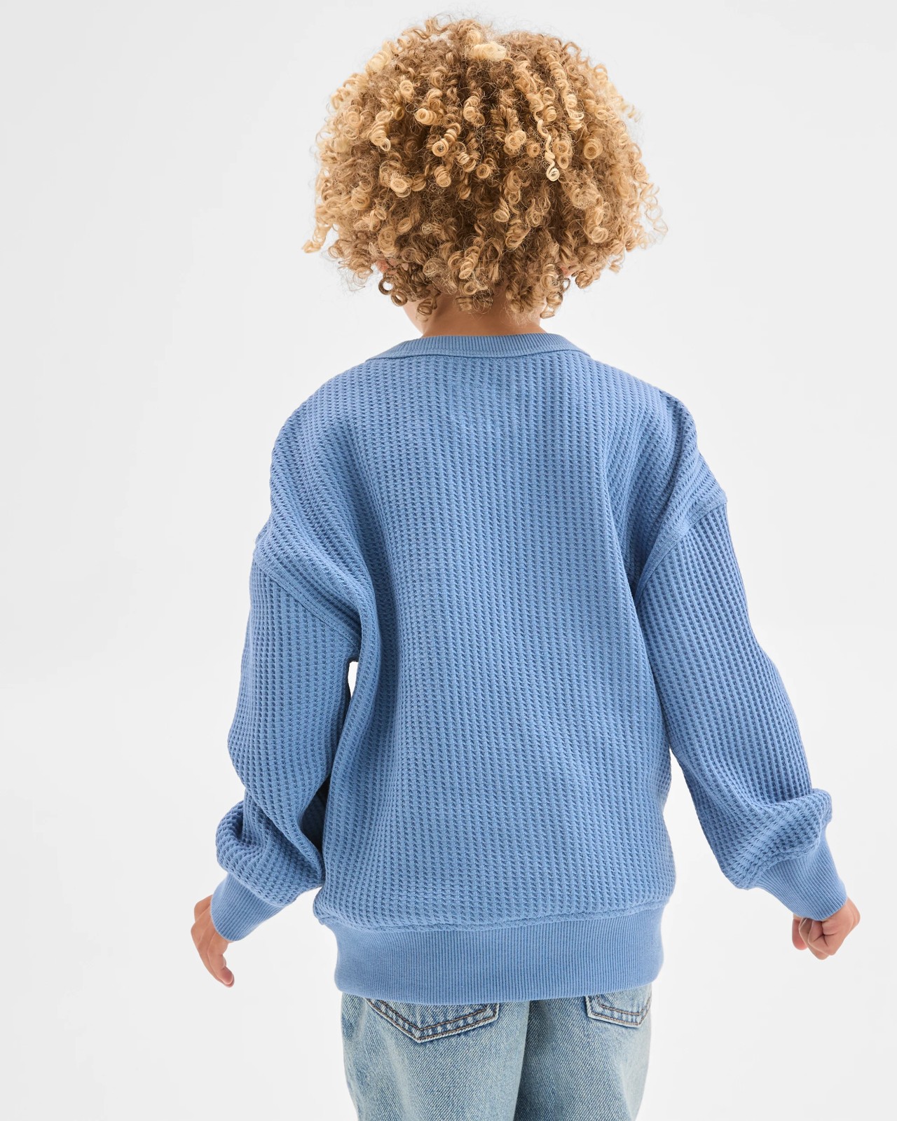 Australian Cotton Long Sleeve Oversized Waffle T-Shirt - Blue 3 of 5