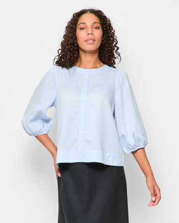 European Linen 3/4 Puff Sleeve Femme Popover Top