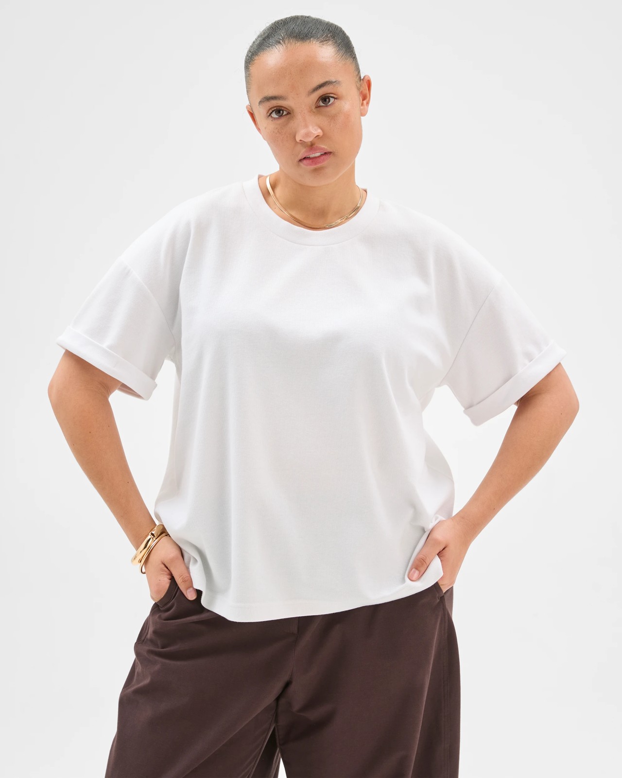 Plus Size Turnback Cuff Boxy T-Shirt - White 3 of 6