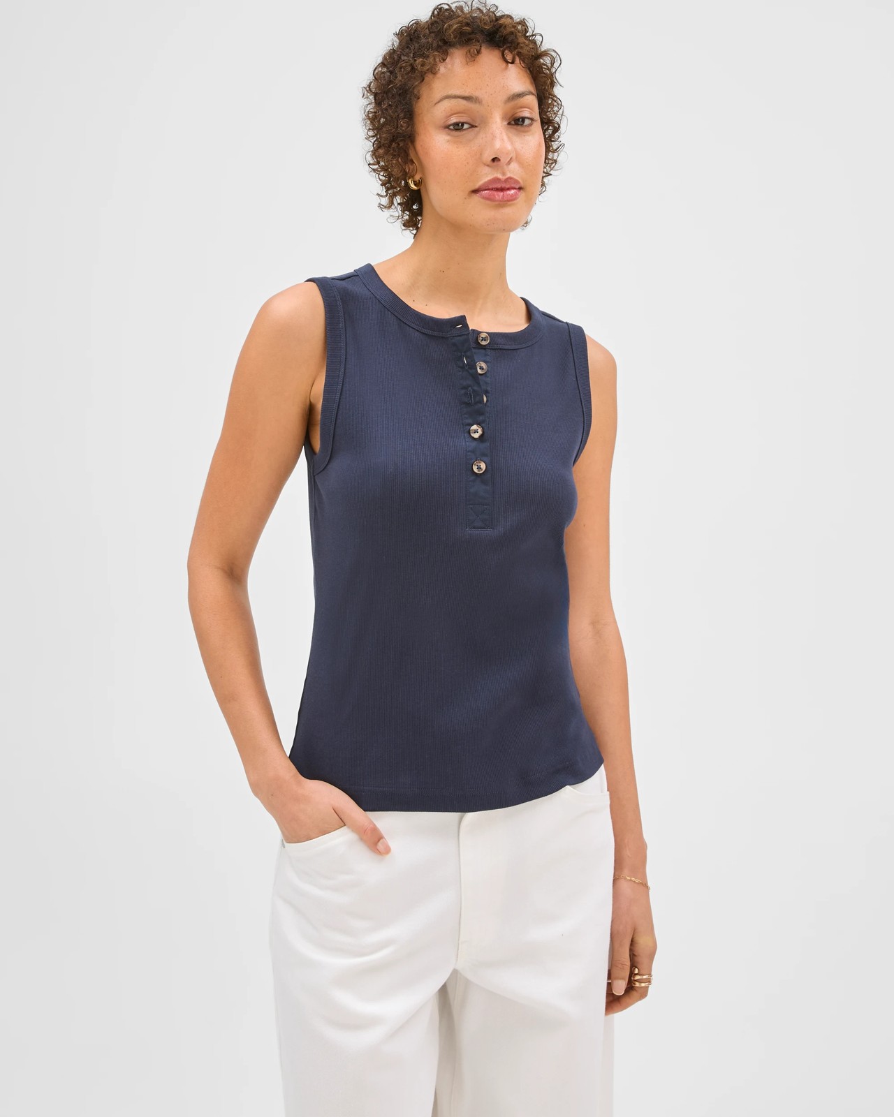 Australian Cotton Henley Neck Rib Tank Top - Ink Navy 5 of 6