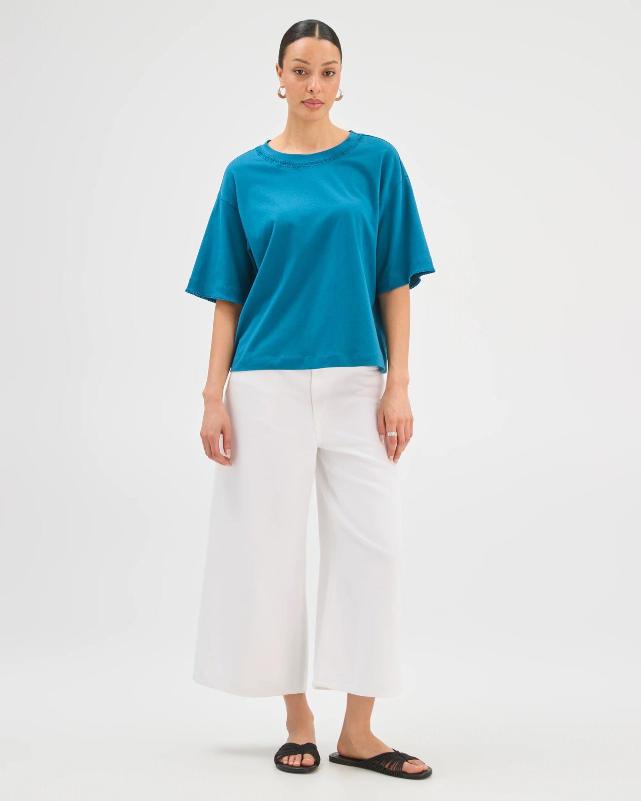 Australian Cotton Boxy Stitch Detail T-Shirt - Ocean Storm 2 of 6