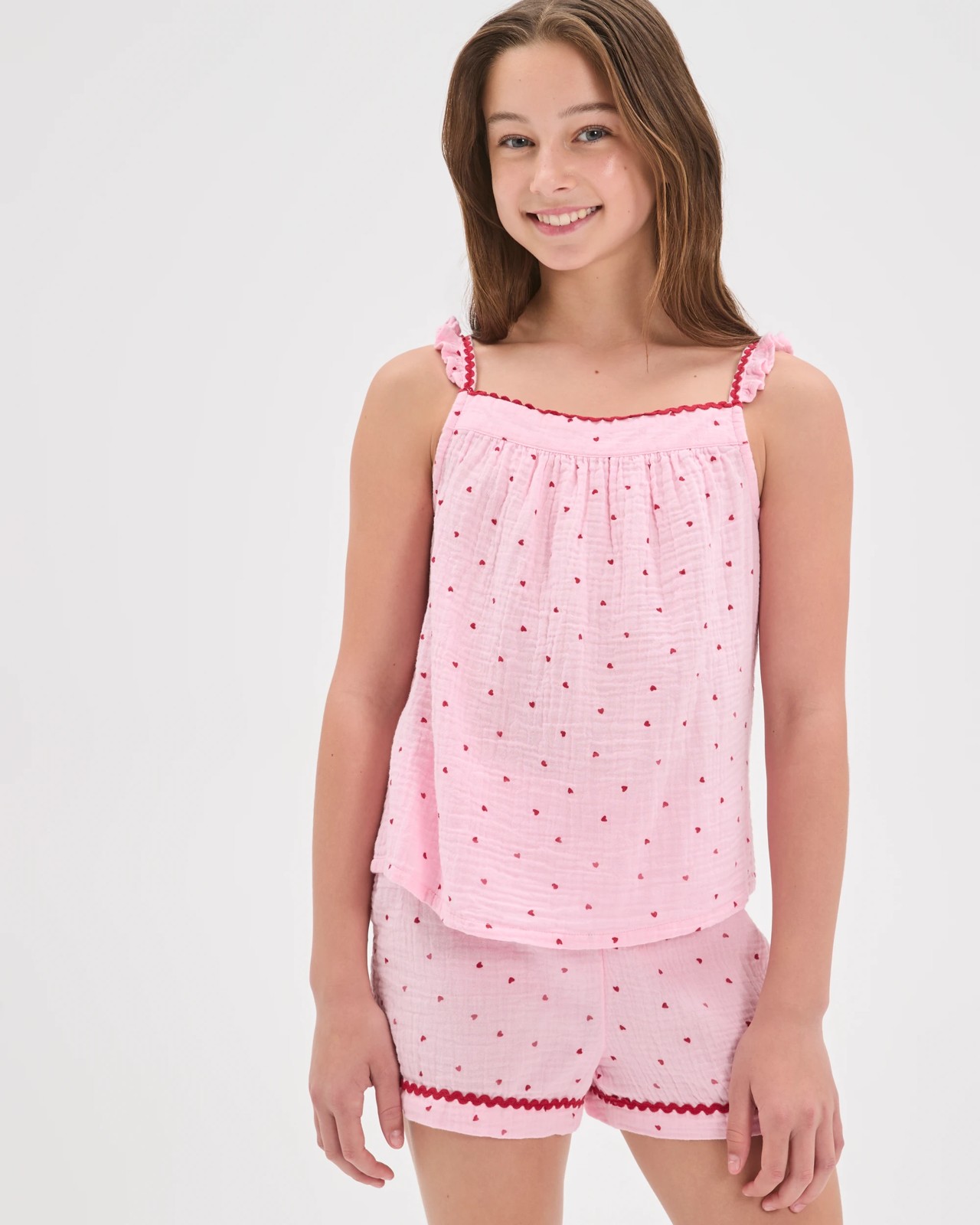 Australian Cotton Older Girls Cami Woven Pyjama Set - Pink Heart 2 of 6